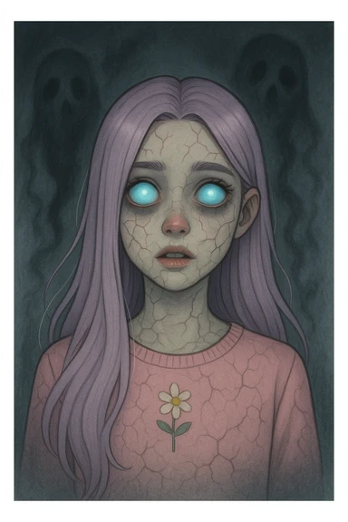 Make this pastel horror profile picture scarier while keeping it cute, expressive, and minimal, inspired by the style of imagen-4-fast-KaUtLiSA10F. Enhance the horror elements subtly but maintain the pastel color palette and minimalistic design with expressive features. sticker