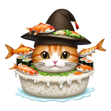 cat wearing a sushi hat with rice base, multiple fish pieces on top, wasabi accent, and lots of soy sauce heavily dripping down the sides, abundant sauce flowing from sushi hat sticker