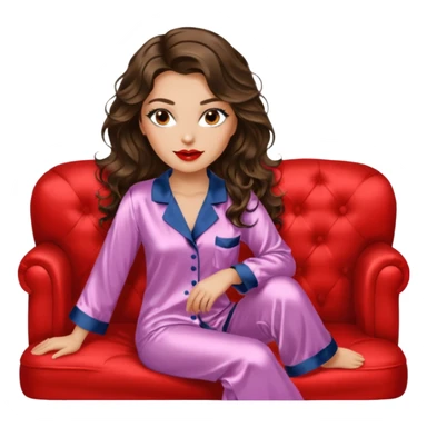 Woman with brunette hair light tanned skin reading on sofa. Long wavy hair. Beige ivory colours. Silk pyjamas. Realistic. Foxeye with lashes. Glamorous makeup sticker
