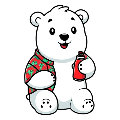 polar bear in a colorful Hawaiian shirt with Coke bottle pattern, sipping Coca-Cola sticker