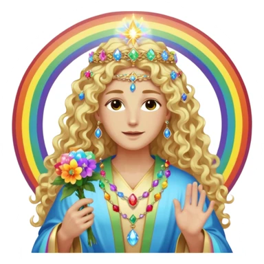 a being made of light pleidian nordic long faces and curly huge thick blond hair but beautiful features of light wearing jewels and a rainbow halo like a saint arount her a robe on made of light and gem  transparent belly dancer and who is lanky holding a bouquet of crystal flowers on rainbow fire sticker