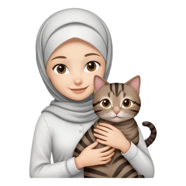 White girl wearing hijab with white shirt smiling while holding a black grey brown stripes tabby cat sticker