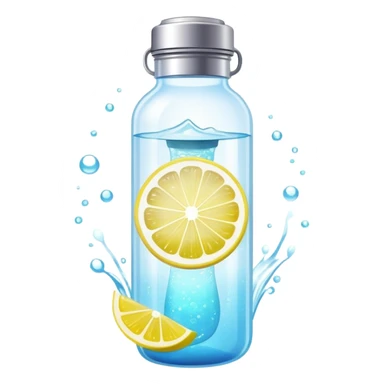 Ethereal glowing water bottle with floating lemon slice and sparkling creatine powder, surrounded by magical aura sticker