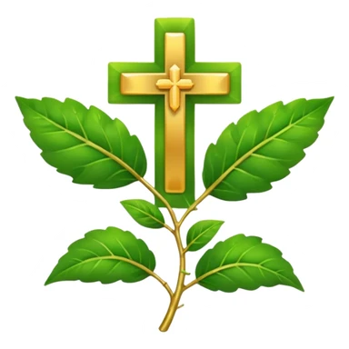"A clean, friendly emoji of three vibrant green Tulsi (Holy Basil) leaves centered over a small, glowing golden cross or 'plus' sign, symbolizing healing. Simple, flat, 32x32 pixel icon style. Transparent background. Icon for natural healing and wellness." sticker