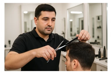 shu odamni sartaroshxonada mijozlarni sochini olayotganin  tasvirlab ber juda yosh ham katta ham bo'lmasin semiz ham bo'lib ketmasin sticker