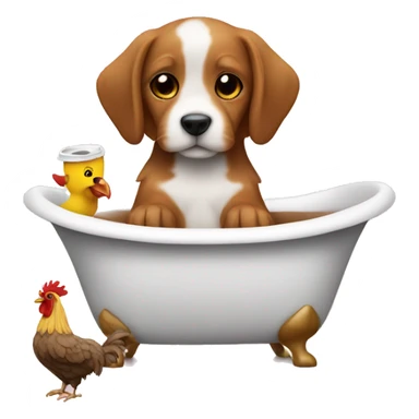 puppy with coffe in a bath with a chicken sticker