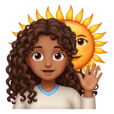 Brown girl with dark brown long curly hair saying good morning with the sun sticker