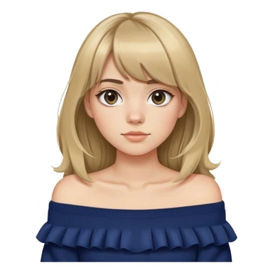 girl with dirty blonde hair and curtain bangs and navy blue off the shoulder sweater sticker