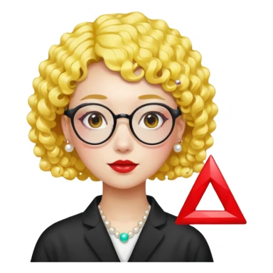 modern Chinese girl emoji, short curly bright yellow hair, pearl hairpin, trendy red triangle glasses, graphic design, colorful style sticker