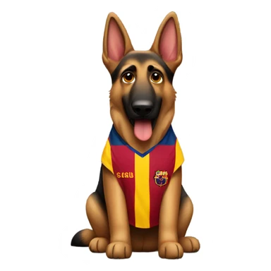 German shepherd wearing Barcelona jersey sticker