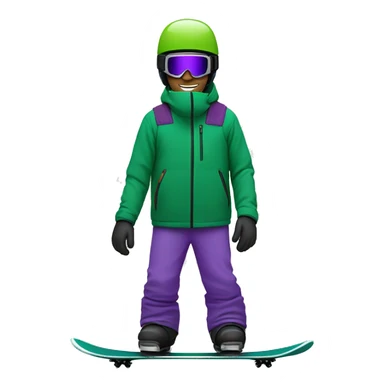 White male snowboarder with a green jacket, large ski goggles, a helmet, and a purple snowboard sticker