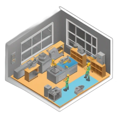 isometric square solid outline border containing indoor creative factory woodworking metalworking people active working cnc machine tools simple clean industrial makerspace concrete #edc31b  sticker