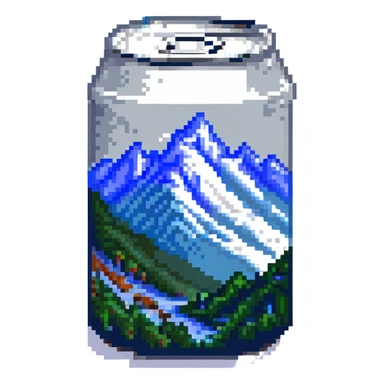 a can of Busch beer, pixel art style, blue and silver colors, simple mountain design sticker