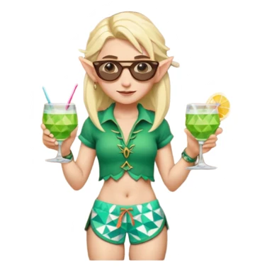 elf female legolas portrait, patterned board shorts (geometric/abstract), unique wooden-framed sunglasses, undercut hairstyle, slight smirk, visible pointy ears, no background, centered emoji, hipster summer vibe coctails sticker