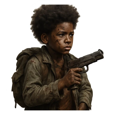 African American boy with an Afro, styled for a zombie apocalypse, holding a gun, backpack behind his back, scar on his face sticker