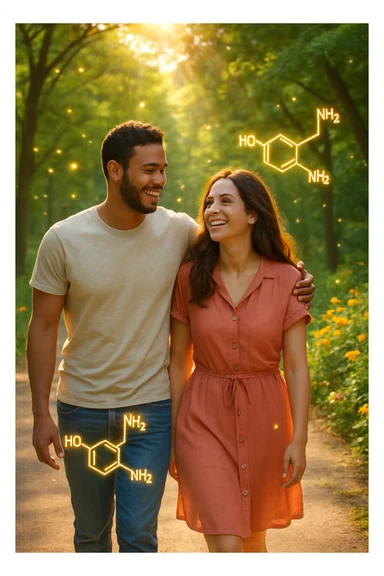 a smiling man and woman walk together along a sunlit park path, surrounded by green trees and blooming flowers. Sunbeams gently illuminate their faces, and subtle, glowing dopamine symbols float around them, symbolizing natural, healthy pleasure. The mood is uplifting and serene. sticker