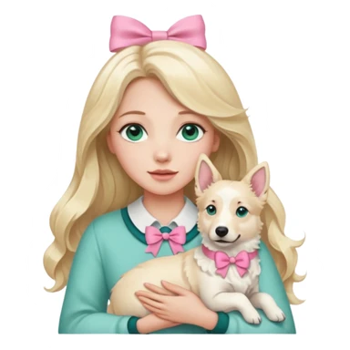 A white Long Wave blonde Hair Woman with blue-green eyes, with a Brown eyed White Shepard  in the arm ,the dog has a little bit beige in then end of the ears and a pink bow in neck . sticker