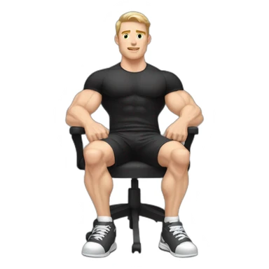 Pale skinned Fit Man With the biceps and dark brown hair in black shirt, gray sports shorts and white Sneakers Sitting on a chair sticker