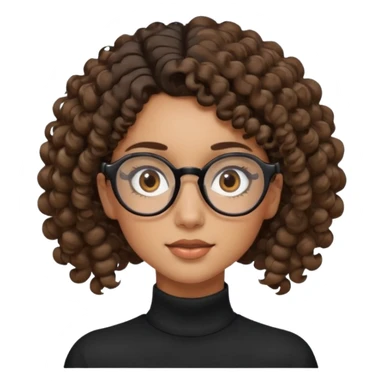 un chica con pelo rizado tiene hecha una coleta y con dos rizos sueltos en la parte de alante que le llega hasta el cuello. luego pil un poco morena ojos marrones y tiene gafas negras y son exagonales pero un poco redondeadas. sticker