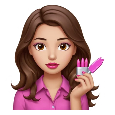 girl with long wavy brown hair, brown eyes, light to medium complexion, in a pink shirt, pink lips, long lashes, puckered lips, showing off painting long nails sticker