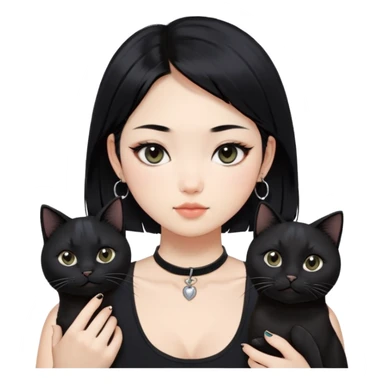 Asian cool girl, black hair, longer than shoulder.  Holding two BLACK cats. one cat has a round fat face, the other one has a slightly slimmer face. Both pure black.  The girl also wearing a black singlet, a black chocker, silver round hook earring, and wearing eyeliner.  sticker