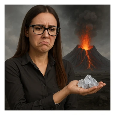 Create a hyperrealistic woman similar to the reference photo, close frontal view, throwing ice towards the volcano's mouth, but the lava remains intact. The expression should show disappointment. The scene is symbolic with detailed features. sticker