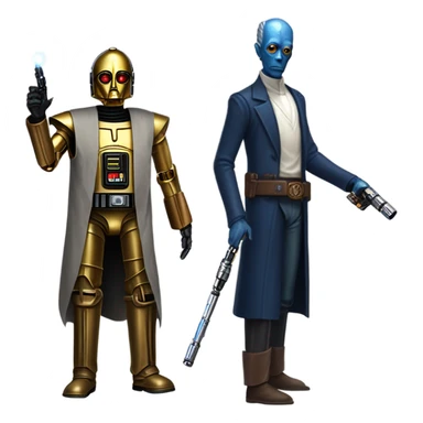well-equipped jedi first order human-sized darkblue-pearl friendly bounty hunter c3po droid wearing a leather wild west duster coat holding light saber ready to fight but relaxed. antiqued sticker