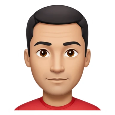 Robust athletic man in his 40s with light brown skin tone, very short black hair with modern fade haircut, strong square face with pronounced cheekbones, thick eyebrows, wide nose, medium lips with friendly smile, wearing red fitted athletic shirt sticker