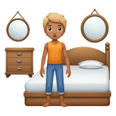 A person stands beside their bed, rolling out groggily with determination. The bed behind them is neatly made, a mirror in front of them . A glowing sunrise outside signals the start of a productive day. sticker