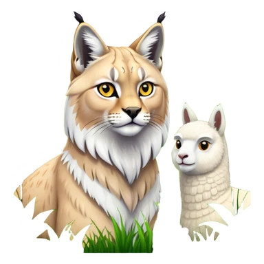 Collage of exotic animals: a lynx with striking eyes, and a fluffy alpaca standing in a lush meadow. The lynx gazes intently while the alpaca looks calm and curious. Surrounded by vibrant plants and flowers. Transparent background for a lively, colorful scene. sticker