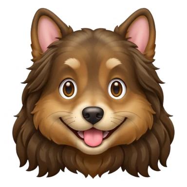 dog face with a long-haired brown and black brindle coat and light brownish gold eyes smiling with tongue hanging slightly out. sticker