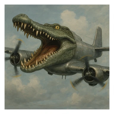 WWII bomber plane with a crocodile head replacing the cockpit mouth wide open and teeth bared metallic textures wings and propellers absurd meme-inspired reflecting Italian Brainrot humor sticker
