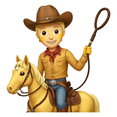 Cowboy riding a horse with whip. With yellow skin and smilling. Simplize it and I need a full pic with horse. Like I need the leg part too sticker