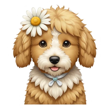 Light golden doodle dog with a daisy sticker