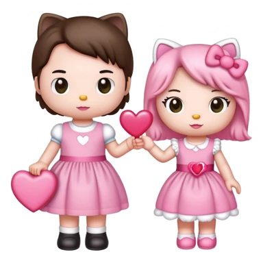 Hello kitty wearing a pink dress and dear Daniel holding a pink heart sticker