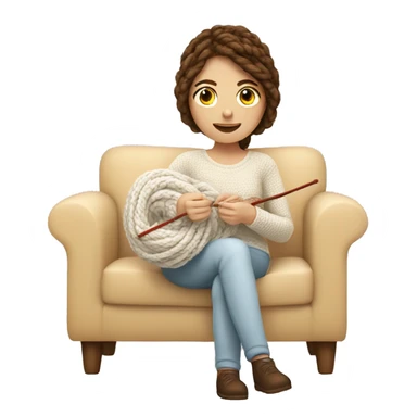 White woman with brown hair, doing crochet on sofa with white yarn sticker
