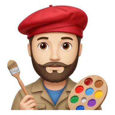man artist with beard, wearing red beret and painter sticker