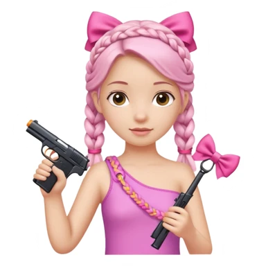 A girl who has a braid on one should and has a flipflop in one hand that has a bow while in the other hand she has a gun with a bow  sticker