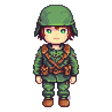 pixel art soldier, green uniform, helmet, simple style, retro video game character sticker
