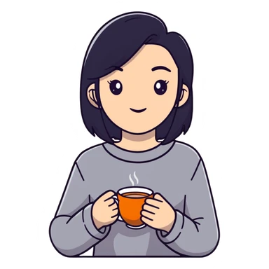 white girl with black hair, self care moment, holding a cup of tea, relaxed sticker