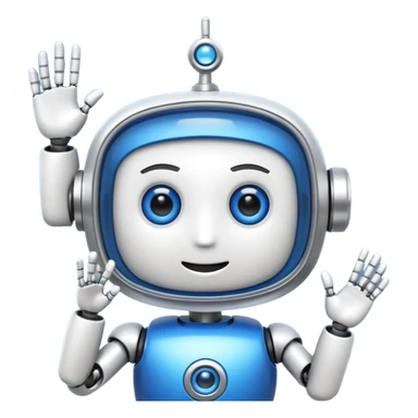 robo azul e branco sorrindo e piscando com um olho só, fazendo um sinal de posito com uma das mãos sticker
