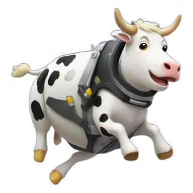 side-on view of cow flying to space while wearing a jetpack with legs being pushed back by the wind sticker