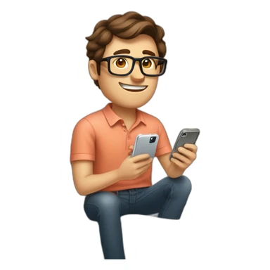 man with brown hair, octagonal glasses, and salmon colored shirt sitting on the toilet, holding both a phone and a cocktail. Sitting on the toilet in the bathroom sticker