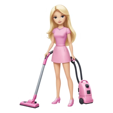 A white Barbie girl with long blonde straight hair in pale pink-colored clothes vacuums sticker