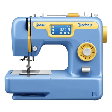Modern Brother-style computerized sewing machine emoji, white and this yellow #FFB31E and light gray with a blue thread spool, small LCD screen and round dial, three-quarter view, soft gradients and shadows in Apple emoji style, plain light background. sticker