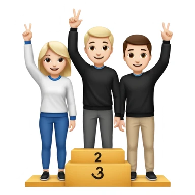 three casually dressed people on a winners podium with the center step higher, black and white, no numbers, center person holding up one finger on each hand, cheerful expressive emoji style sticker