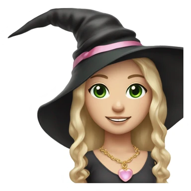 Witchy dark blonde haired green eyed light freckles white girl with a witty smile a gold necklace and a black witch hat with a baby pink bow sticker