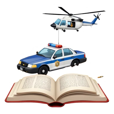 Icon for Action & Crime Reading: an open book with text, from which a police car is driving out along the pages, with explosions behind, a helicopter flying overhead, and a pistol with ammo and grenades in front. Transparent background. sticker