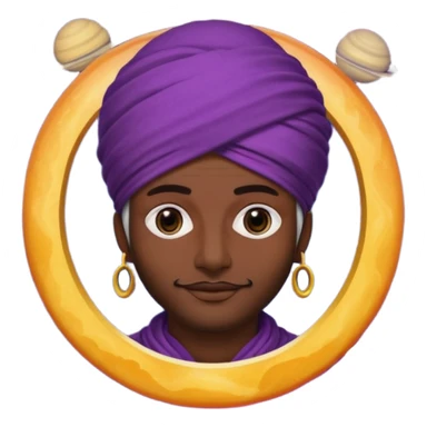 A bold emoji-style illustration with Saturn 🪐 as the dominant element, clearly showing its bright rings. Inside the planet, a stylized man wearing a colorful turban 👳🏾‍♂️, depicted as a mystical or adventurous character, sitting or floating within Saturn, integrated with the planet’s texture. sticker