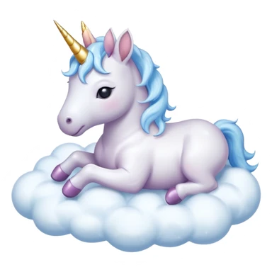 A Baby unicorn, with a sparkling horn, asleep on a white, pale blue flurry cloud, isolated sticker